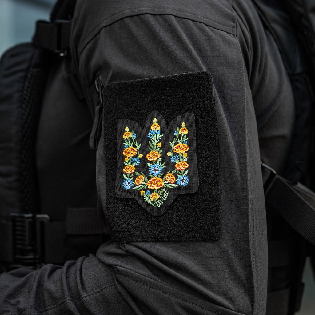 M-Tac нашивка Тризуб Чорнобривці (вишивка) Black